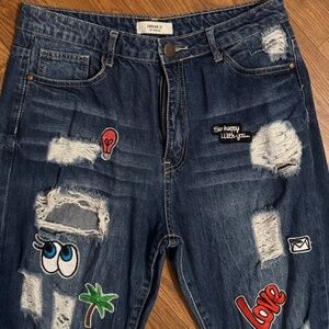 Straight Leg Ripped Denim Jeans with Stickers!